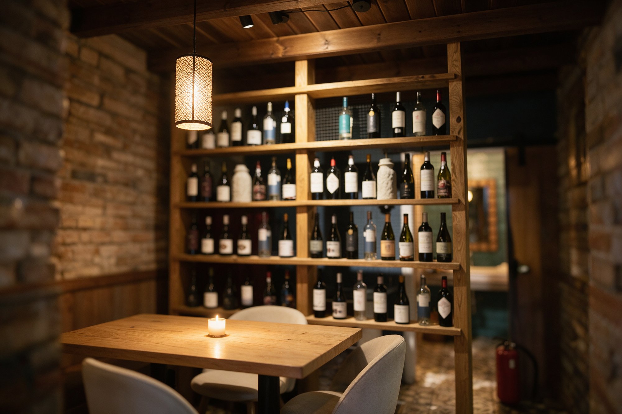 Interior cálido del restaurante de fusión con mesas de madera y luz tenue