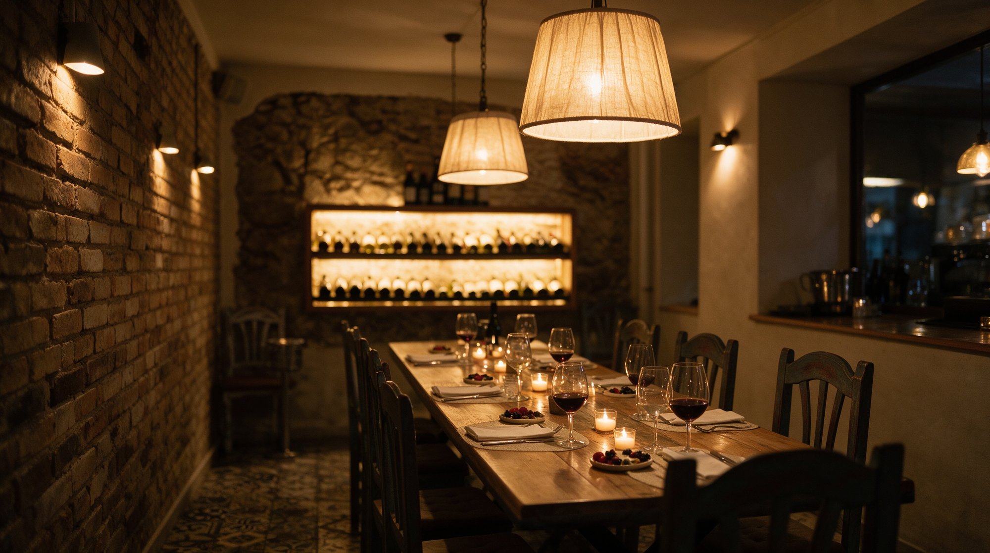 Interior nocturno del restaurante con pared de ladrillo, barra y botellas de vino iluminadas