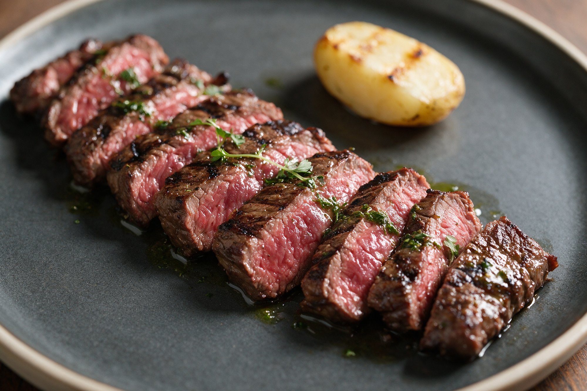 Entraña a la parrilla con chimichurri, corte argentino con marcas de parrilla