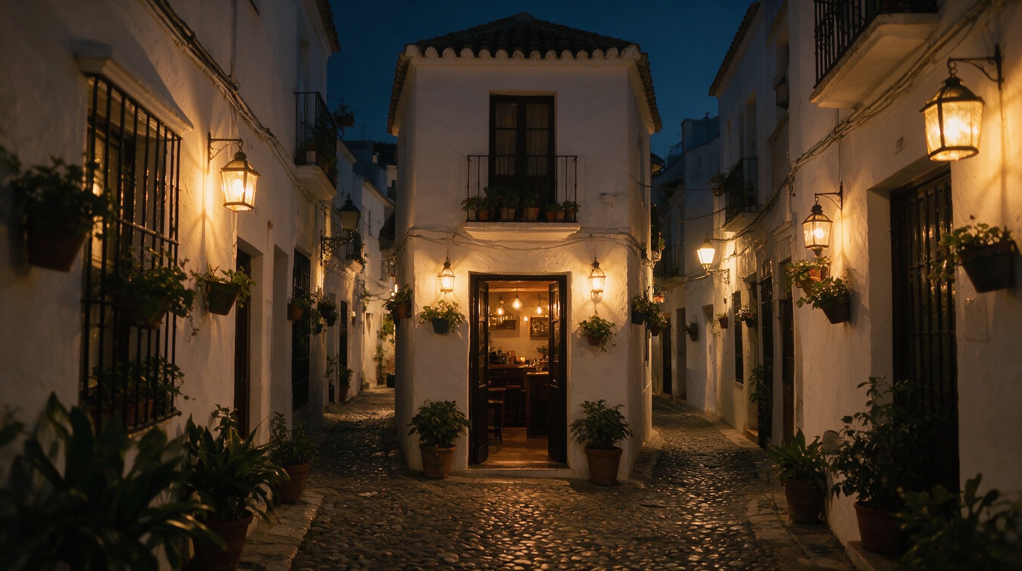 Callejón blanco del casco antiguo de Estepona con la entrada de un restaurante iluminada al anochecer